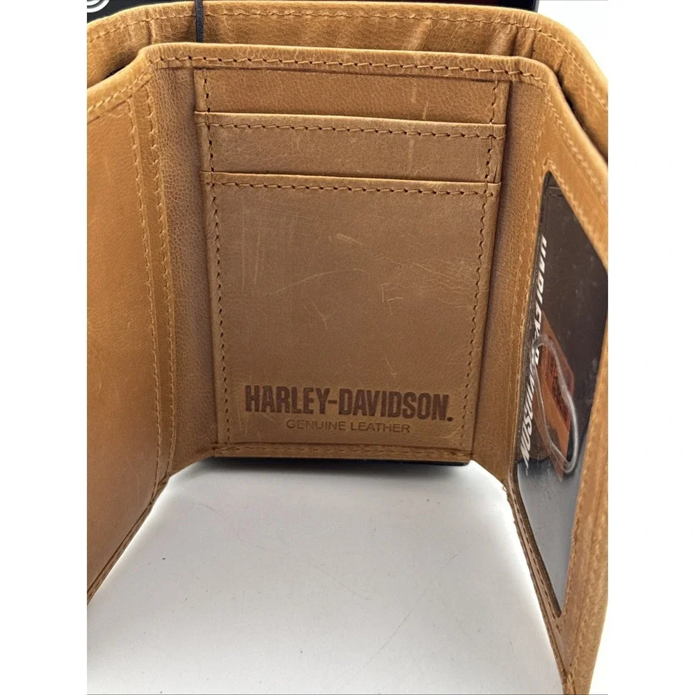 Harley-Davidson B&S Trifold Leather Wallet Tan RFID Blocking Technology